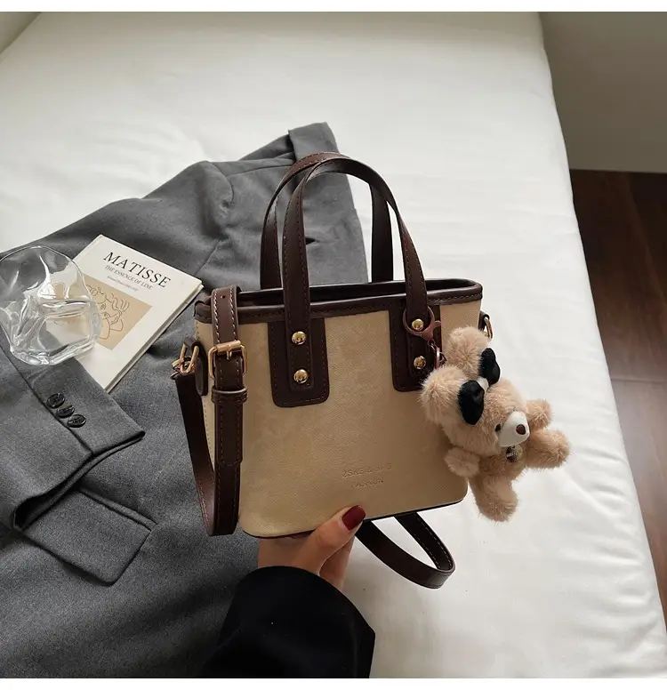 Women's Brown Leather Crossbody Bag with Teddy Bear Charm — feature 30