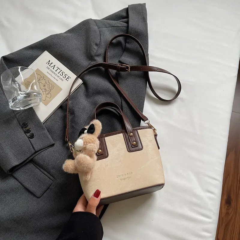 Women's Brown Leather Crossbody Bag with Teddy Bear Charm - Image 2