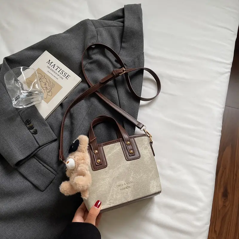 Women's Brown Leather Crossbody Bag with Teddy Bear Charm - Image 4