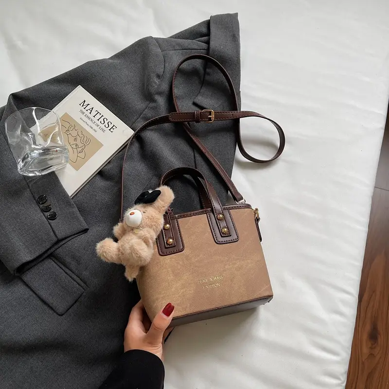 Women's Brown Leather Crossbody Bag with Teddy Bear Charm - Image 5