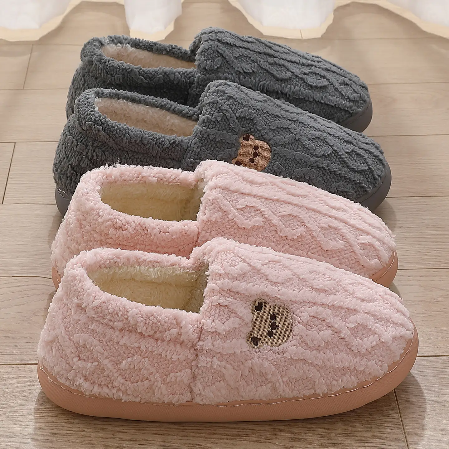 Gray Cartoon Bears Wool Slippers for Men Women Winter Indoor Warm - Image 8