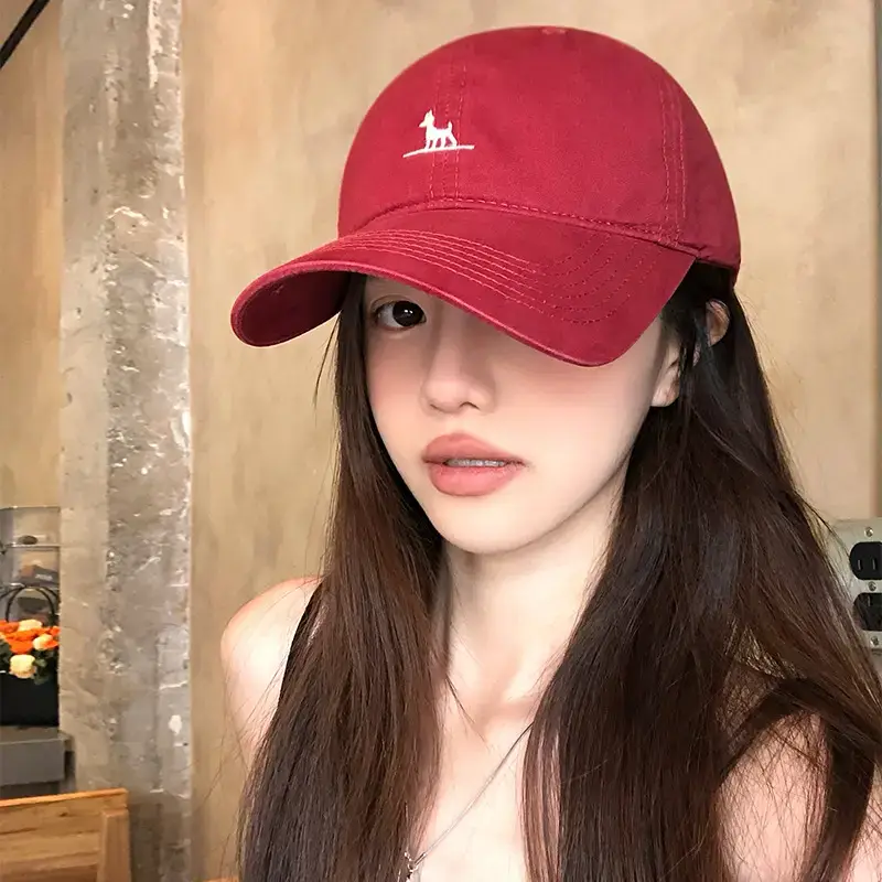 Red Korean Style Dog Embroidery Baseball Cap for Women - Image 4
