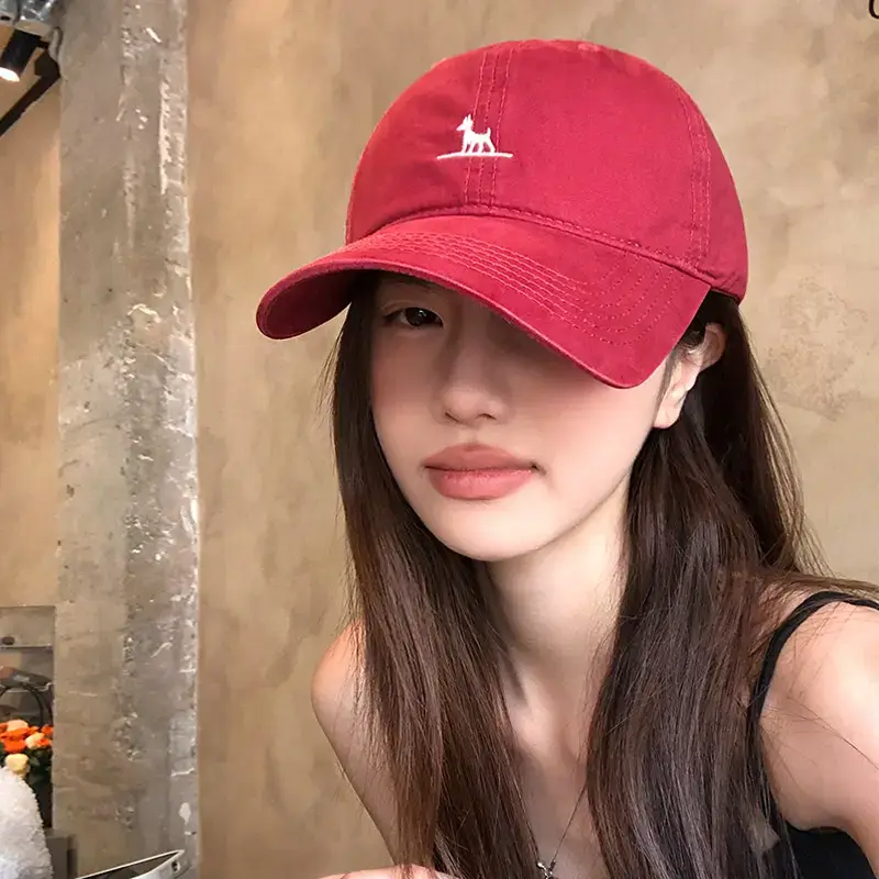 Red Korean Style Dog Embroidery Baseball Cap for Women - Image 5
