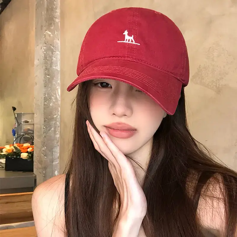 Red Korean Style Dog Embroidery Baseball Cap for Women - Image 6