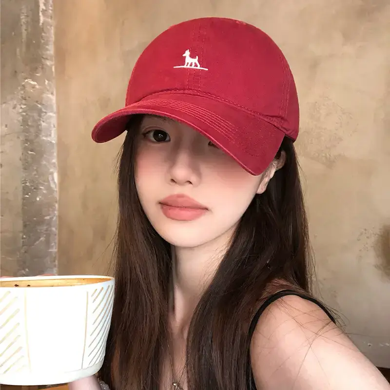 Red Korean Style Dog Embroidery Baseball Cap for Women - Image 7