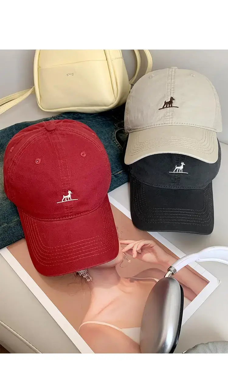 Red Korean Style Dog Embroidery Baseball Cap for Women — feature 10