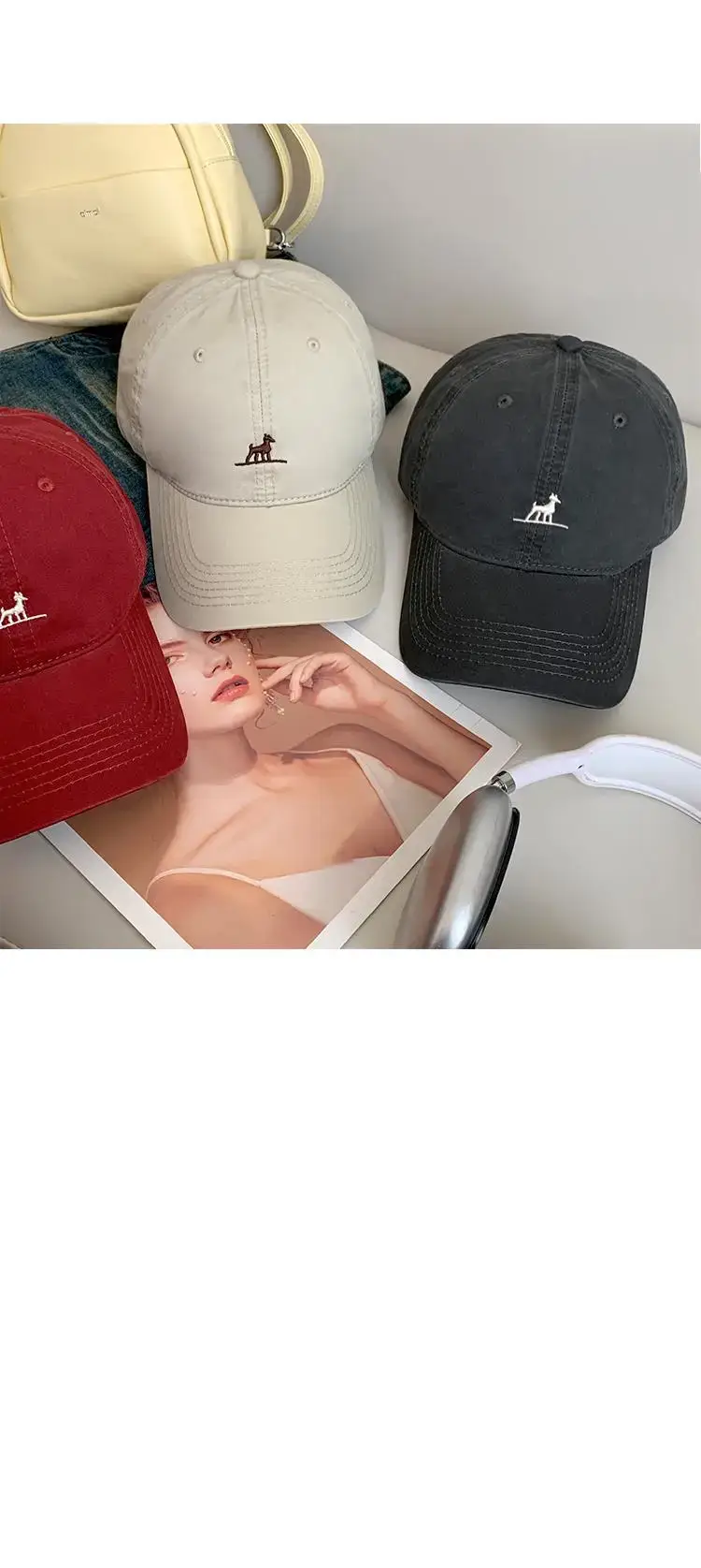 Red Korean Style Dog Embroidery Baseball Cap for Women — feature 12