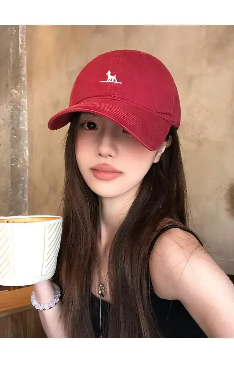 Red Korean Style Dog Embroidery Baseball Cap for Women — feature 7