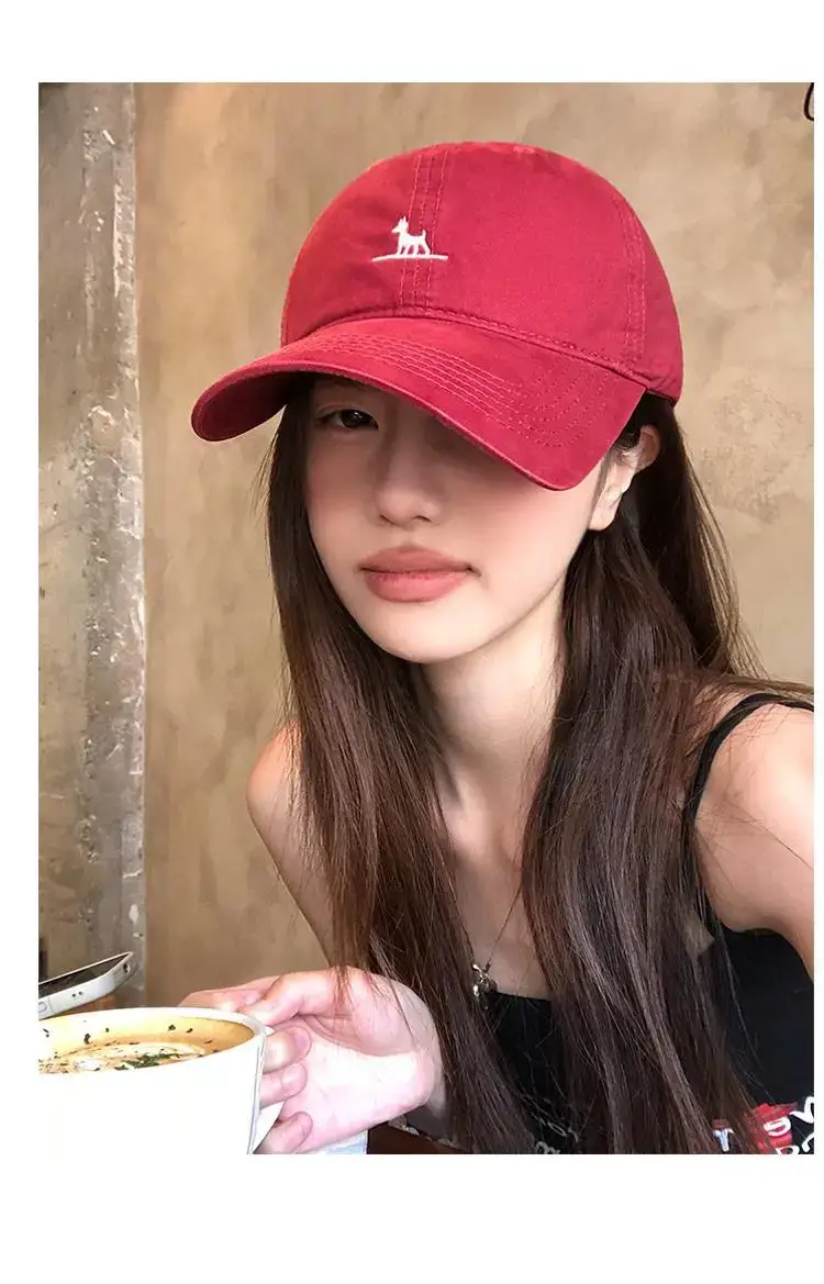 Red Korean Style Dog Embroidery Baseball Cap for Women — feature 8