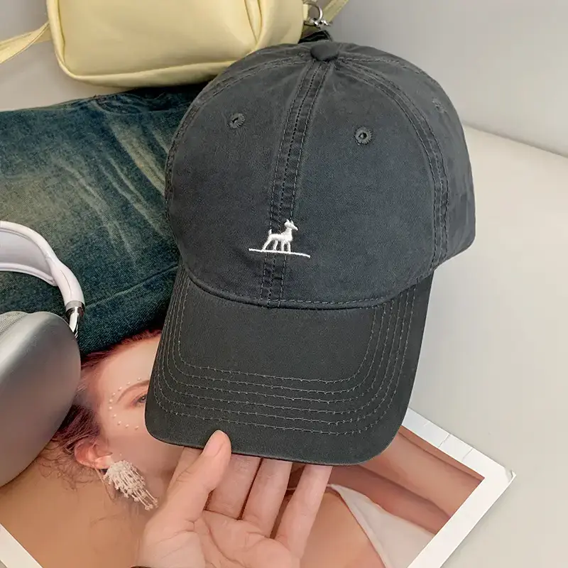 Red Korean Style Dog Embroidery Baseball Cap for Women - Image 3