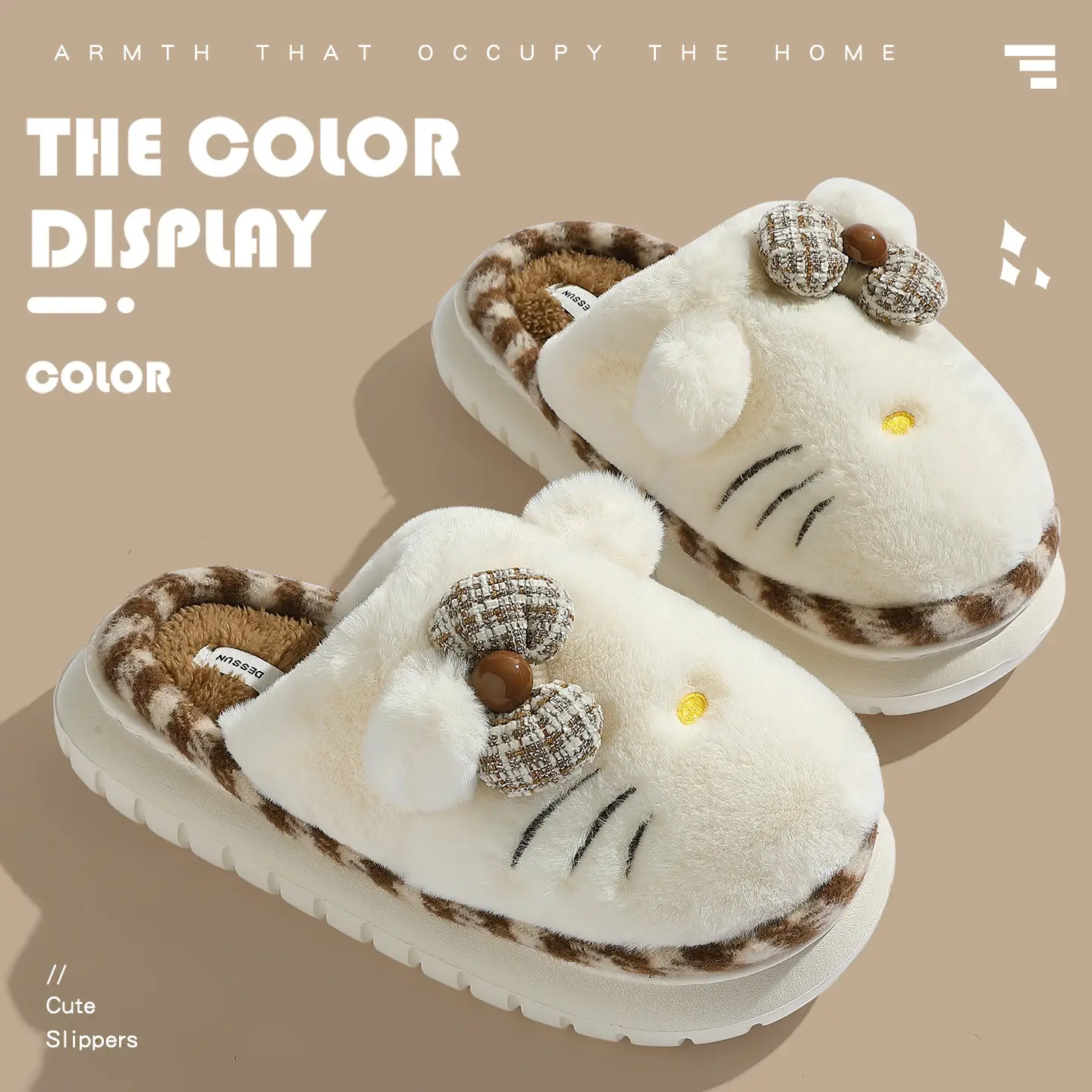 Women Winter Cartoon Slippers White Red Bow Warm Indoor Wear