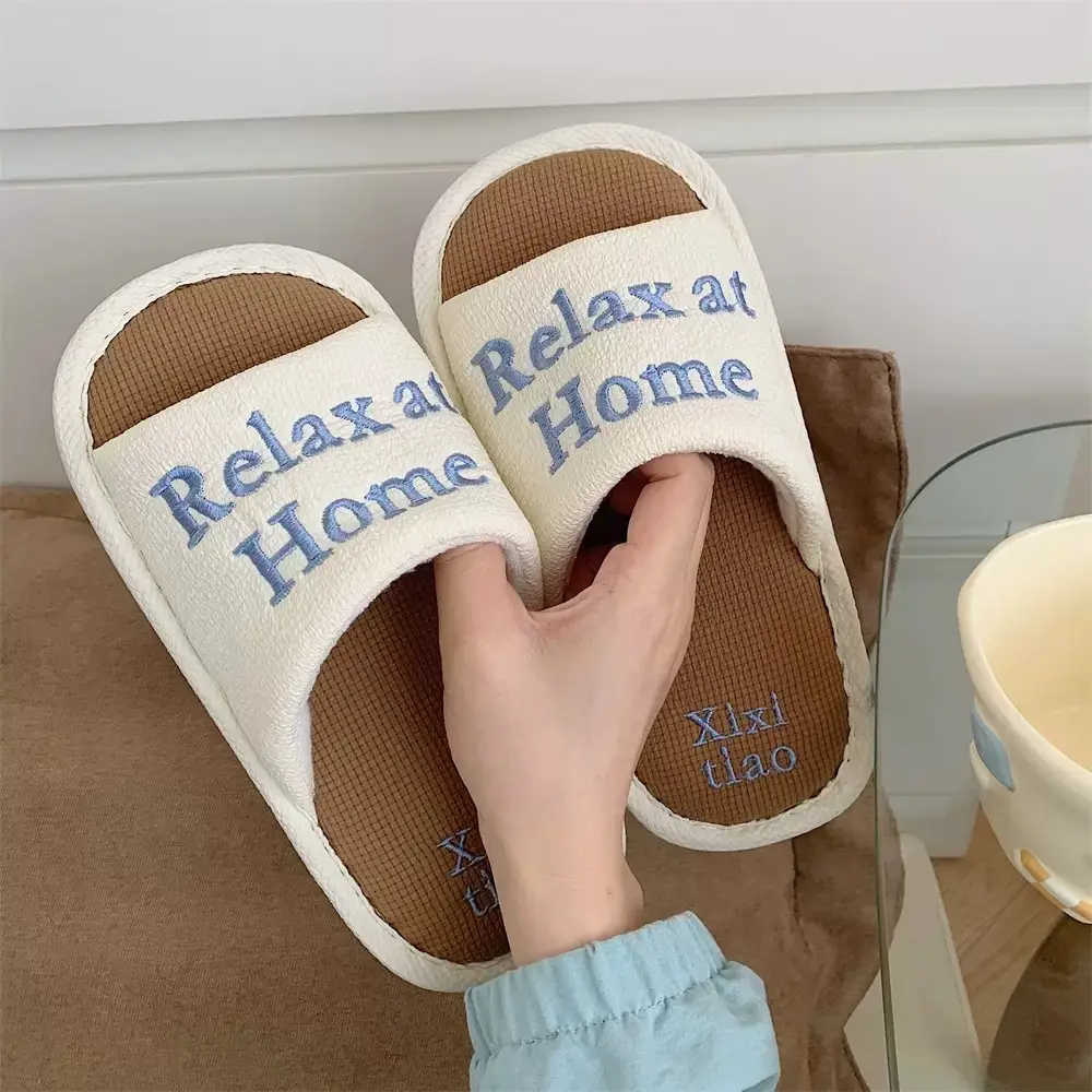 Fashionable Lettered Linen Slippers for Women, Spring and Autumn 2026 New Model, Indoor Home Comfort, Breathable, Non-Slip Slide Slippers