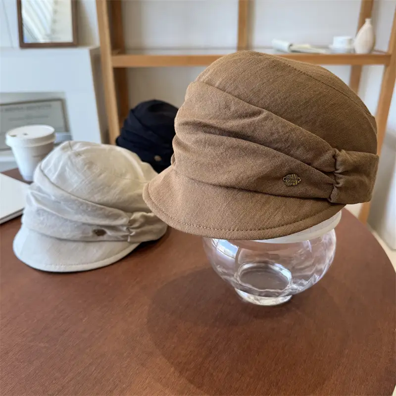 Japanese Retro Pleated Beret Cap Large Head Circumference Brown White - Image 3