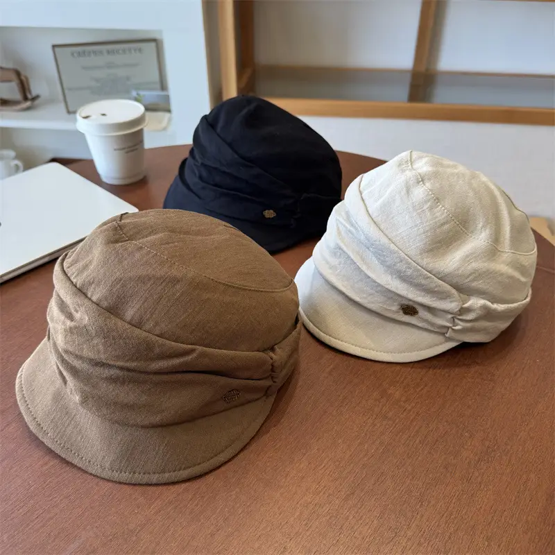 Japanese Retro Pleated Beret Cap Large Head Circumference Brown White - Image 4