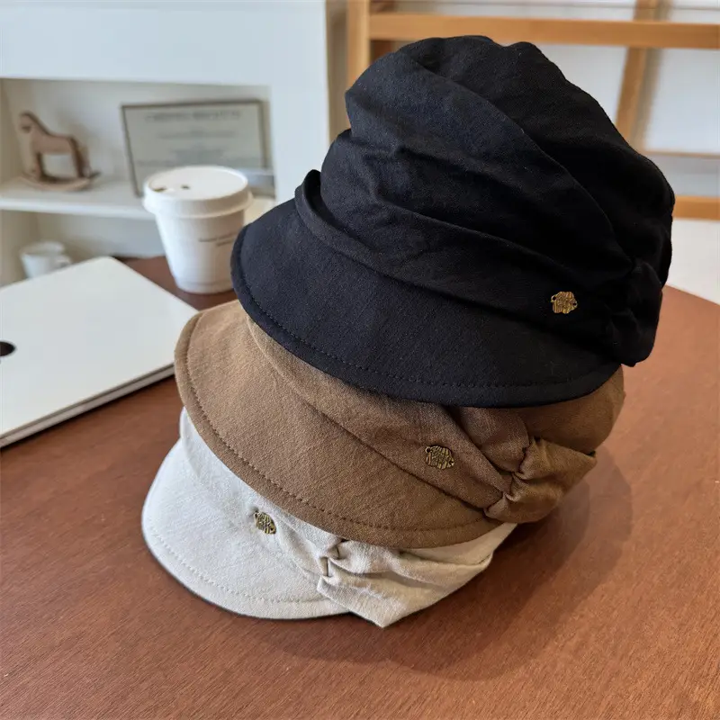 Japanese Retro Pleated Beret Cap Large Head Circumference Brown White - Image 5