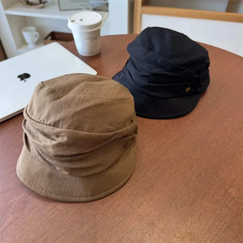 Japanese Retro Pleated Beret Cap Large Head Circumference Brown White - Image 7