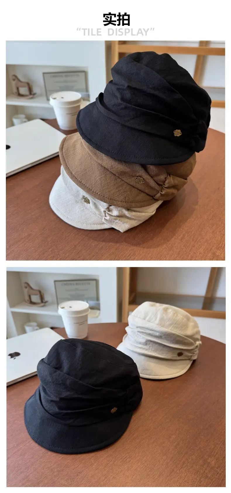 Japanese Retro Pleated Beret Cap Large Head Circumference Brown White — feature 3