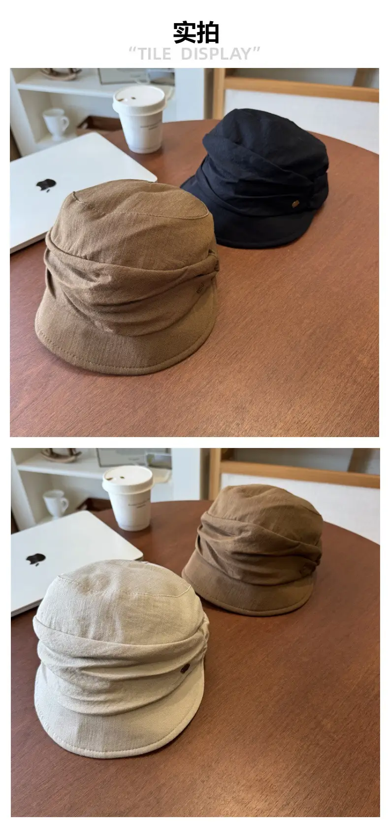 Japanese Retro Pleated Beret Cap Large Head Circumference Brown White — feature 4