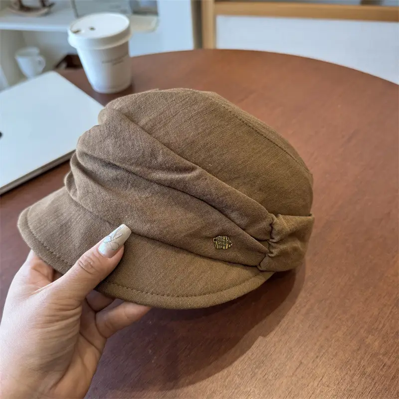 Japanese Retro Pleated Beret Cap Large Head Circumference Brown White - Image 2