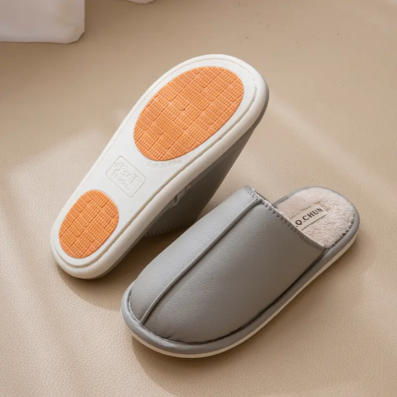 46-48 Extra Large Size Men's Cotton Slippers Autumn and Winter New Home Non-Slip Warm Pu Leather Waterproof Slippers for Women