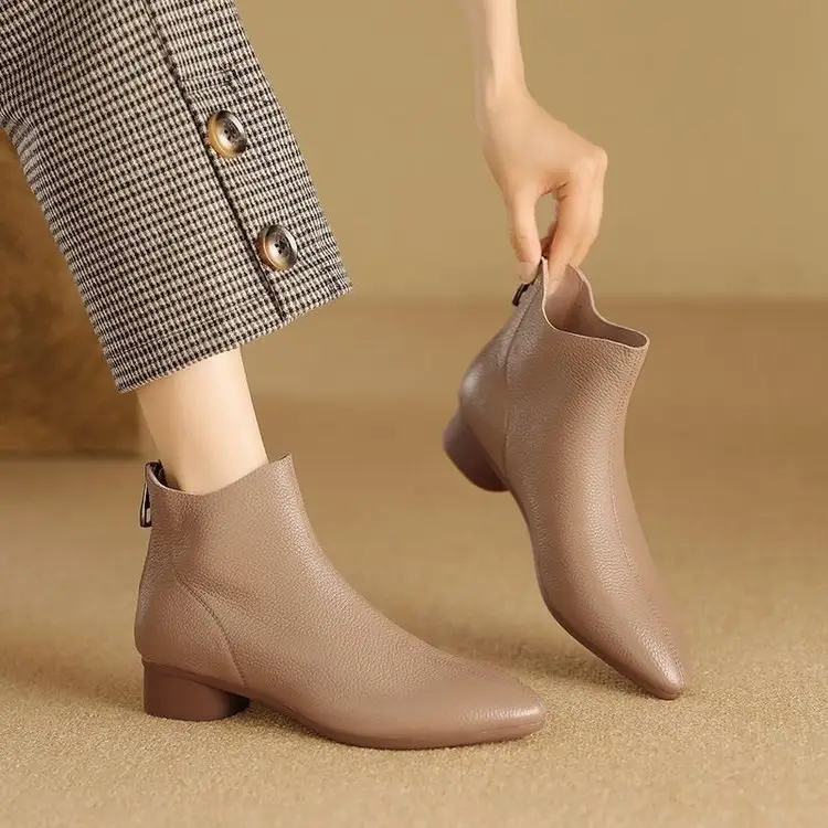 2025 New Autumn and Winter Soft Leather Nude Boots Pointed Toe Low Thick Heel Single Boots Soft Leather French Retro Fleece-Lined Short Cotton Boots for Women - Image 6