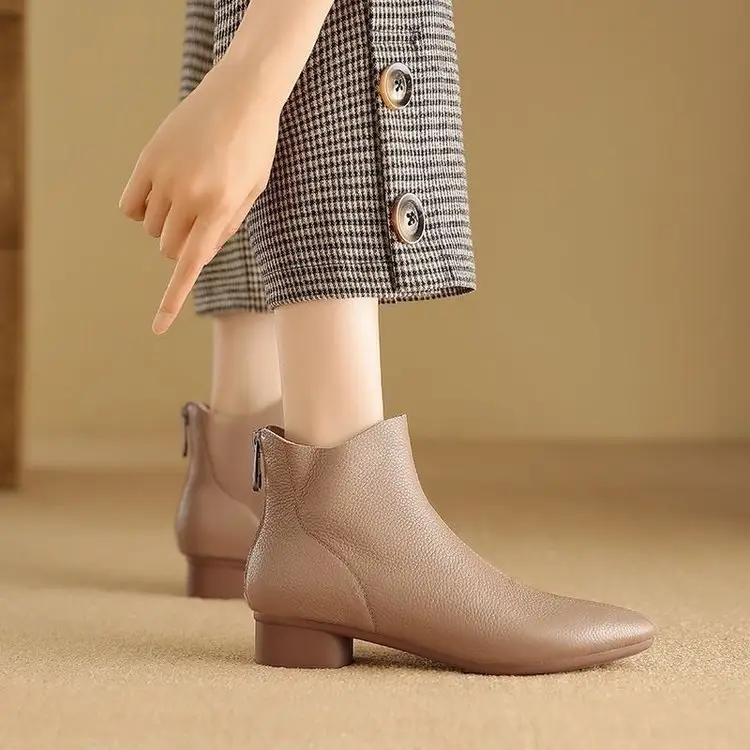 2025 New Autumn and Winter Soft Leather Nude Boots Pointed Toe Low Thick Heel Single Boots Soft Leather French Retro Fleece-Lined Short Cotton Boots for Women - Image 7