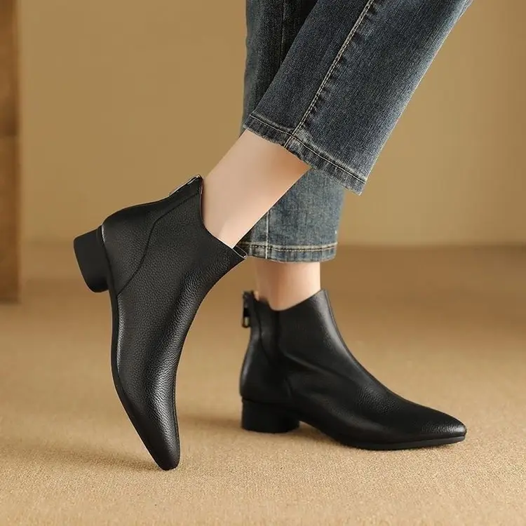 2025 New Autumn and Winter Soft Leather Nude Boots Pointed Toe Low Thick Heel Single Boots Soft Leather French Retro Fleece-Lined Short Cotton Boots for Women - Image 8
