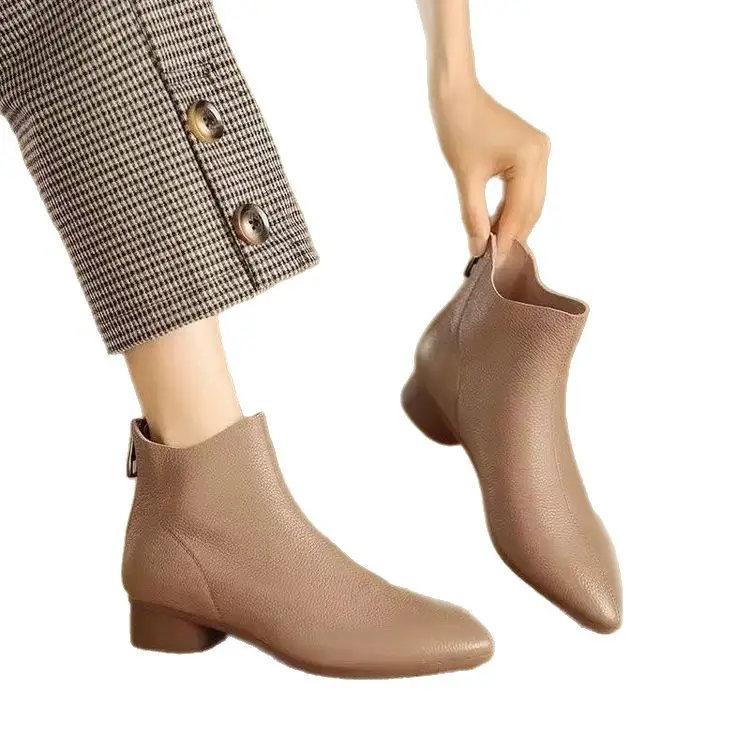 2025 New Autumn and Winter Soft Leather Nude Boots Pointed Toe Low Thick Heel Single Boots Soft Leather French Retro Fleece-Lined Short Cotton Boots for Women - Image 9