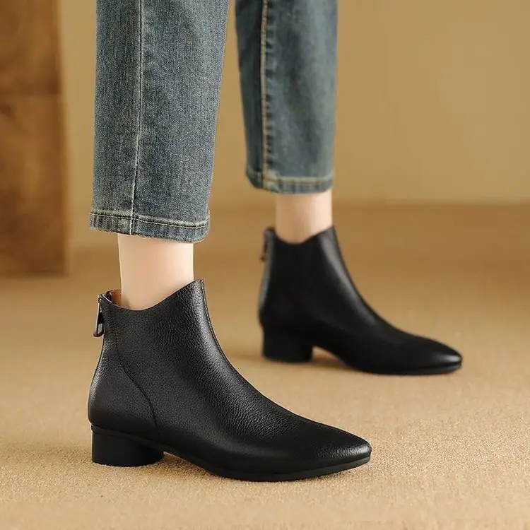 2025 New Autumn and Winter Soft Leather Nude Boots Pointed Toe Low Thick Heel Single Boots Soft Leather French Retro Fleece-Lined Short Cotton Boots for Women — feature 5