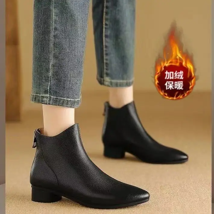 2025 New Autumn and Winter Soft Leather Nude Boots Pointed Toe Low Thick Heel Single Boots Soft Leather French Retro Fleece-Lined Short Cotton Boots for Women - Image 3