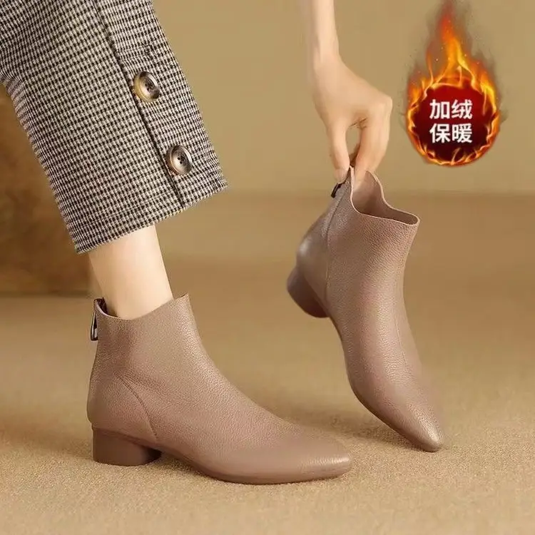 2025 New Autumn and Winter Soft Leather Nude Boots Pointed Toe Low Thick Heel Single Boots Soft Leather French Retro Fleece-Lined Short Cotton Boots for Women - Image 4