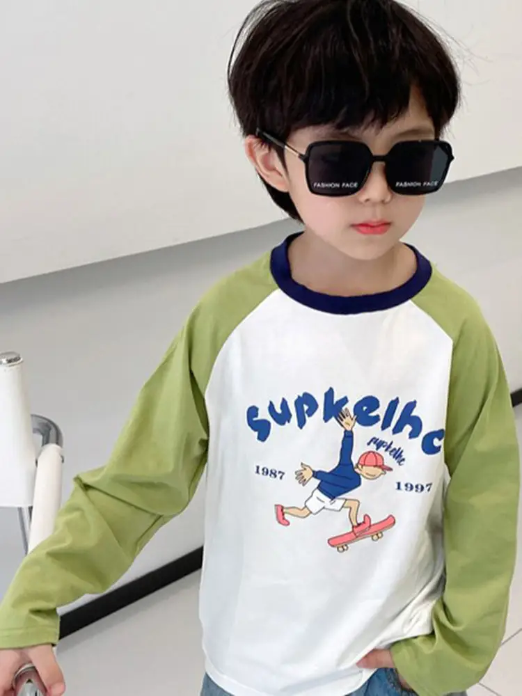 Spring Boys Long Sleeve T-Shirt White Grey Blue Cotton - Image 11