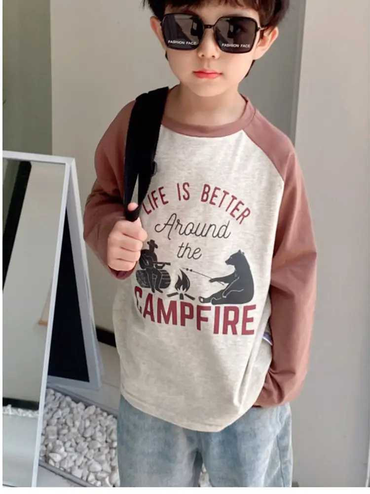 Spring Boys Long Sleeve T-Shirt White Grey Blue Cotton - Image 12