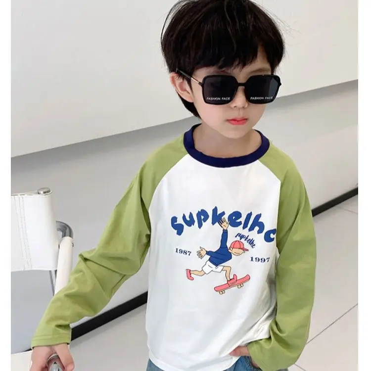 Spring Boys Long Sleeve T-Shirt White Grey Blue Cotton - Image 2