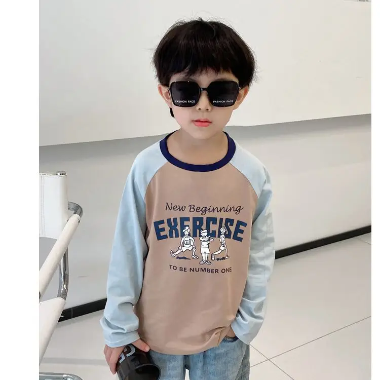Spring Boys Long Sleeve T-Shirt White Grey Blue Cotton - Image 5
