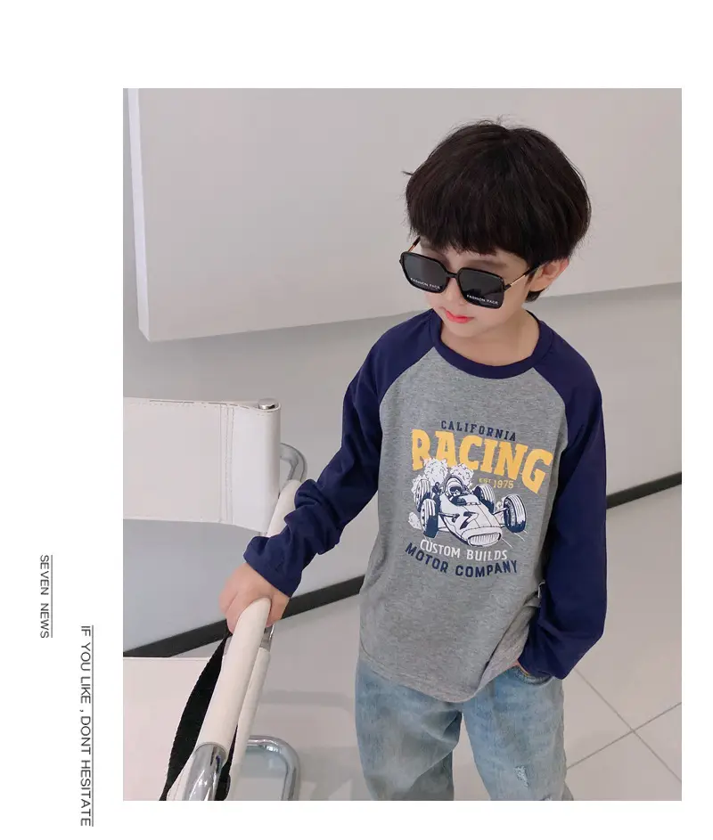 Spring Boys Long Sleeve T-Shirt White Grey Blue Cotton - Image 7