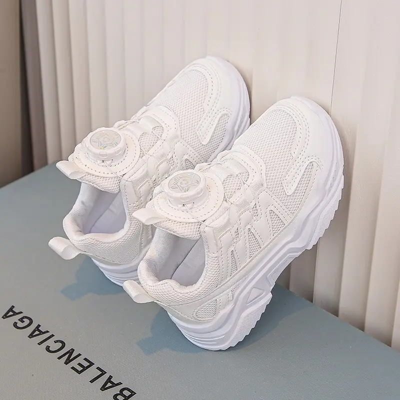 Mesh Turn-Button Elastic Kidsren's Sports Shoes Spring and Summer Ultra-Light White Shoes Student School Shoes Boys and Girls Family Shoes