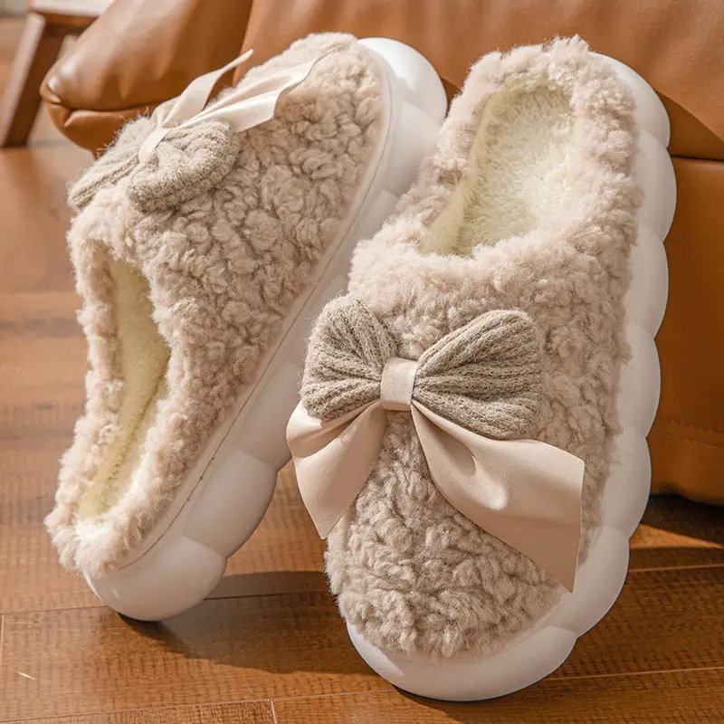 Bow-Knot Cotton Slippers for Women, Indoor Home, Soft-Soled, Non-Slip, Fleece-Lined, Warm, Fashionable Plush Confinement Cotton Slippers
