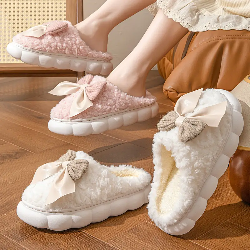 Bow-Knot Cotton Slippers for Women, Indoor Home, Soft-Soled, Non-Slip, Fleece-Lined, Warm, Fashionable Plush Confinement Cotton Slippers