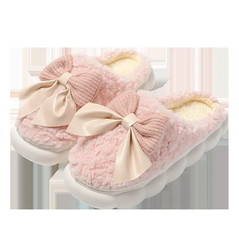 Bow-Knot Cotton Slippers for Women, Indoor Home, Soft-Soled, Non-Slip, Fleece-Lined, Warm, Fashionable Plush Confinement Cotton Slippers