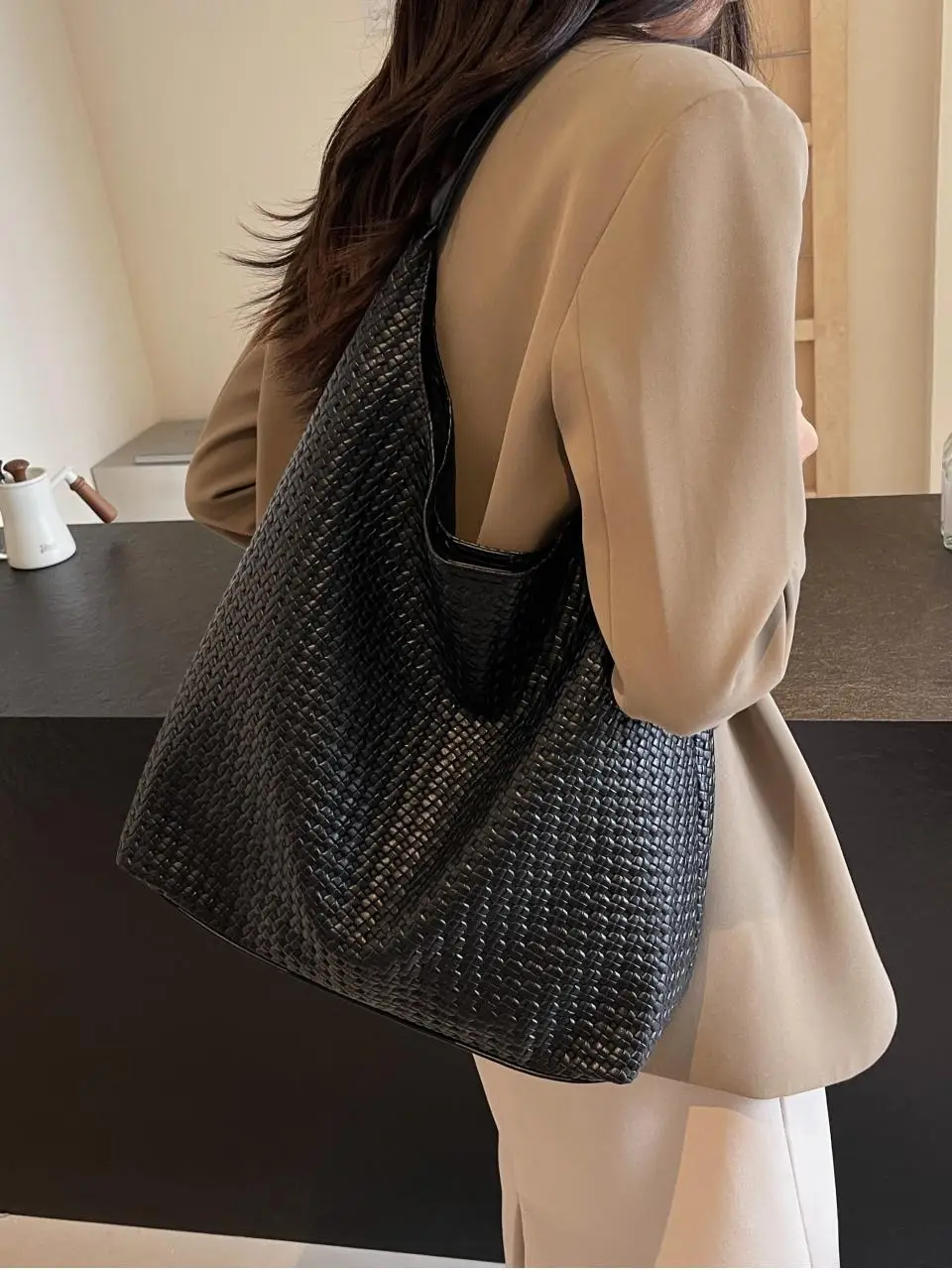 Black Textured Shoulder Bag for Women 2025