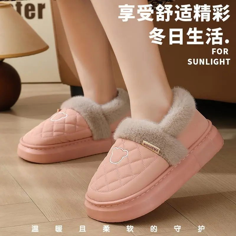Couple Cotton Slippers for Women 2025 New Autumn and Winter Fleece-Lined Thickeneded Warm Waterproof Fur Collar Bag Heel Confinement Shoes - Image 8