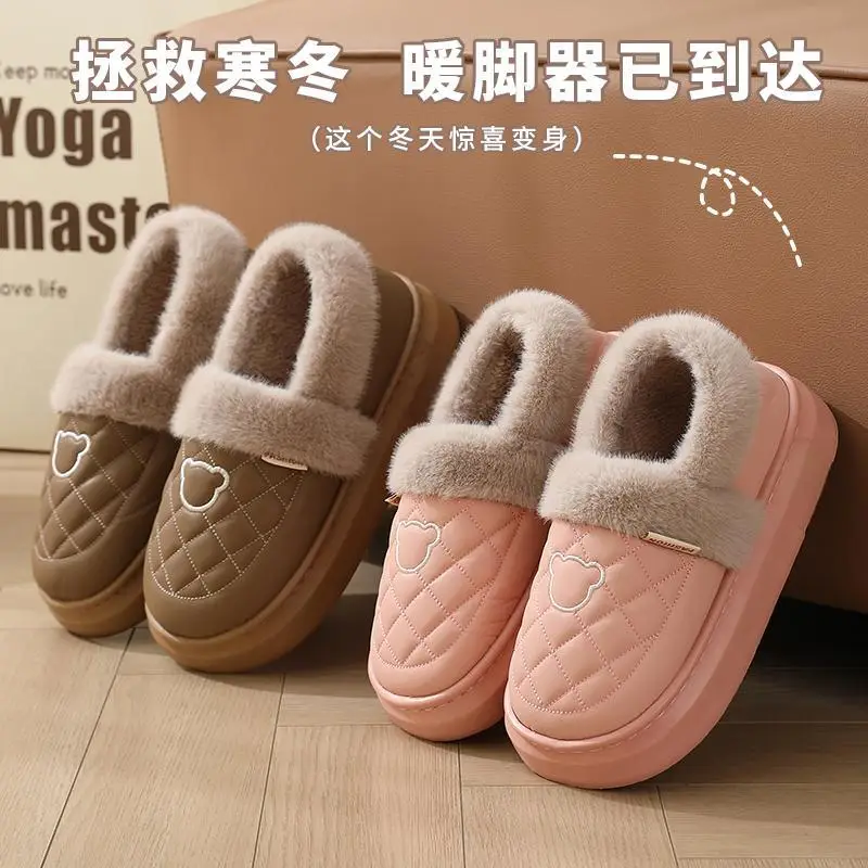Couple Cotton Slippers for Women 2025 New Autumn and Winter Fleece-Lined Thickeneded Warm Waterproof Fur Collar Bag Heel Confinement Shoes - Image 9