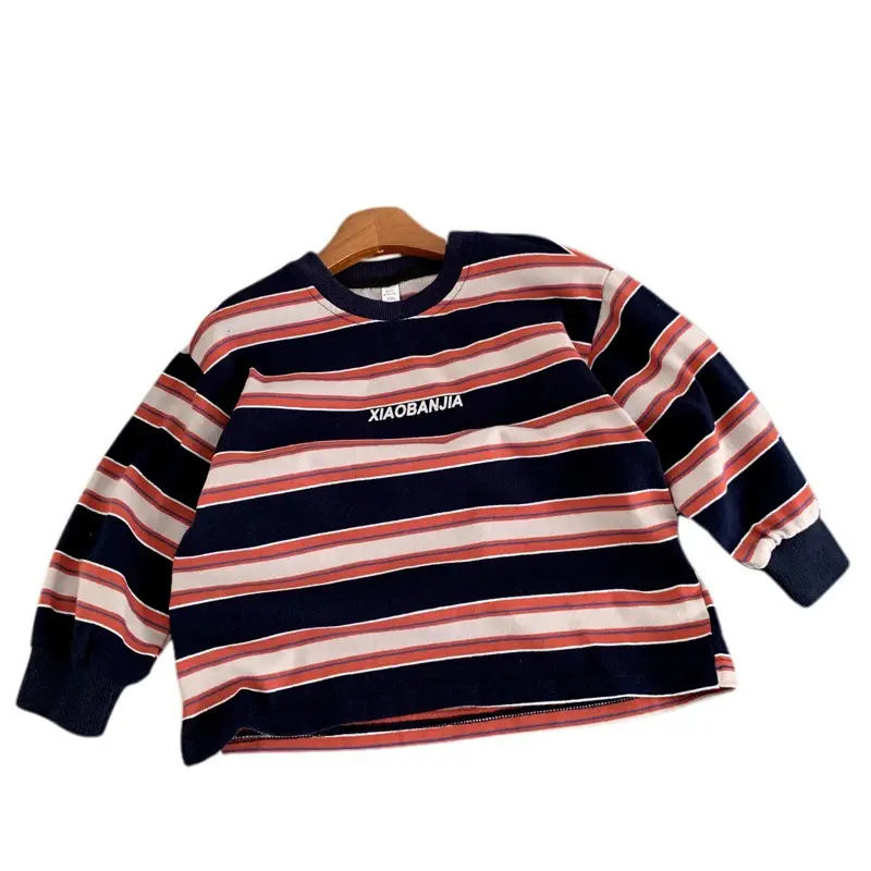 Boys Striped Long Sleeve T-Shirt Navy Orange Winter - Image 6
