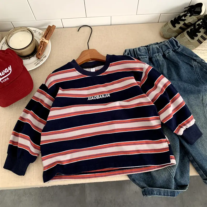 Boys Striped Long Sleeve T-Shirt Navy Orange Winter — feature 2