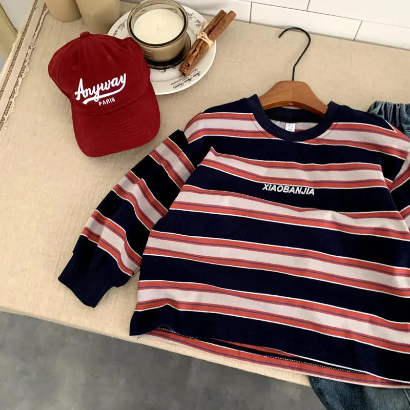 Boys Striped Long Sleeve T-Shirt Navy Orange Winter — feature 3