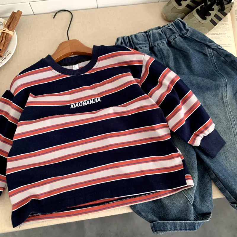 Boys Striped Long Sleeve T-Shirt Navy Orange Winter — feature 4