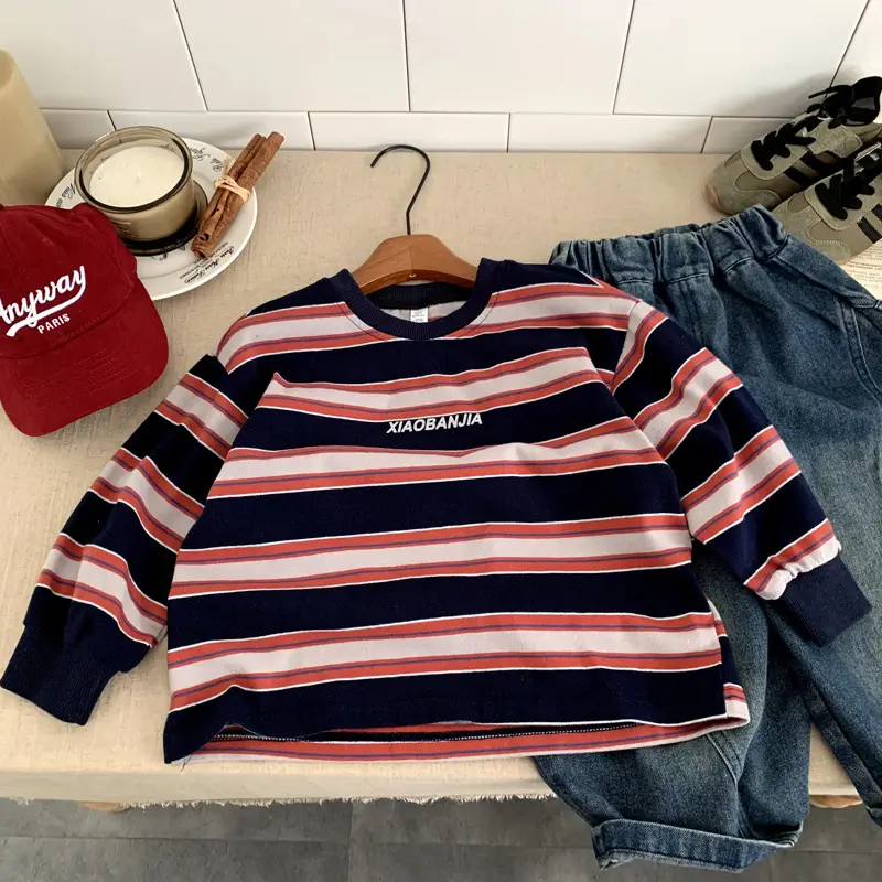 Boys Striped Long Sleeve T-Shirt Navy Orange Winter — feature 5