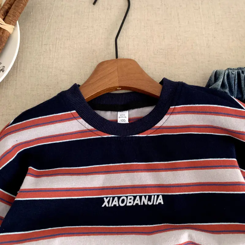 Boys Striped Long Sleeve T-Shirt Navy Orange Winter — feature 6