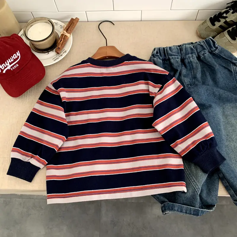 Boys Striped Long Sleeve T-Shirt Navy Orange Winter — feature 8